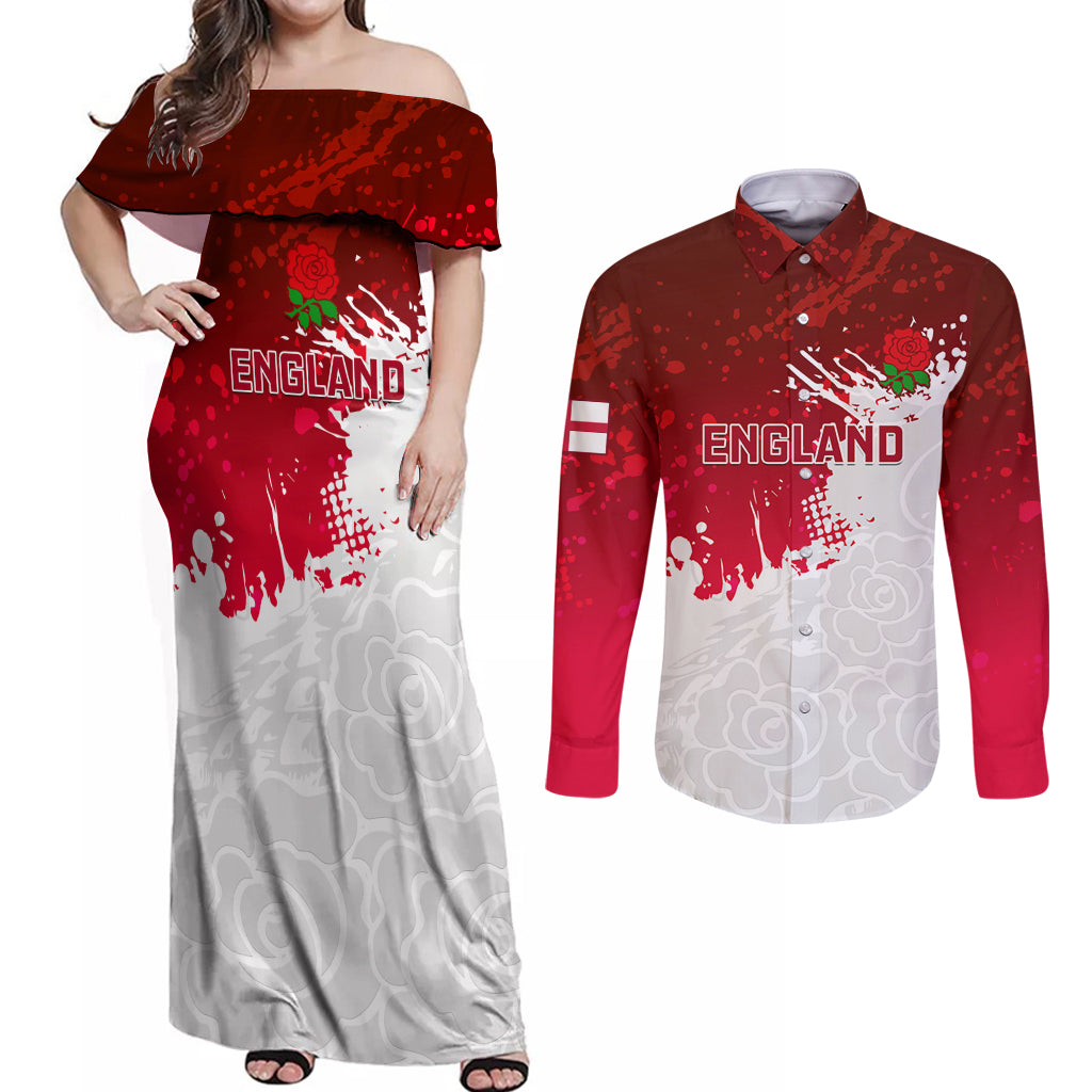 England Rugby Couples Matching Off Shoulder Maxi Dress and Long Sleeve Button Shirts 2023 Go Champions World Cup Red Rose - Wonder Print Shop