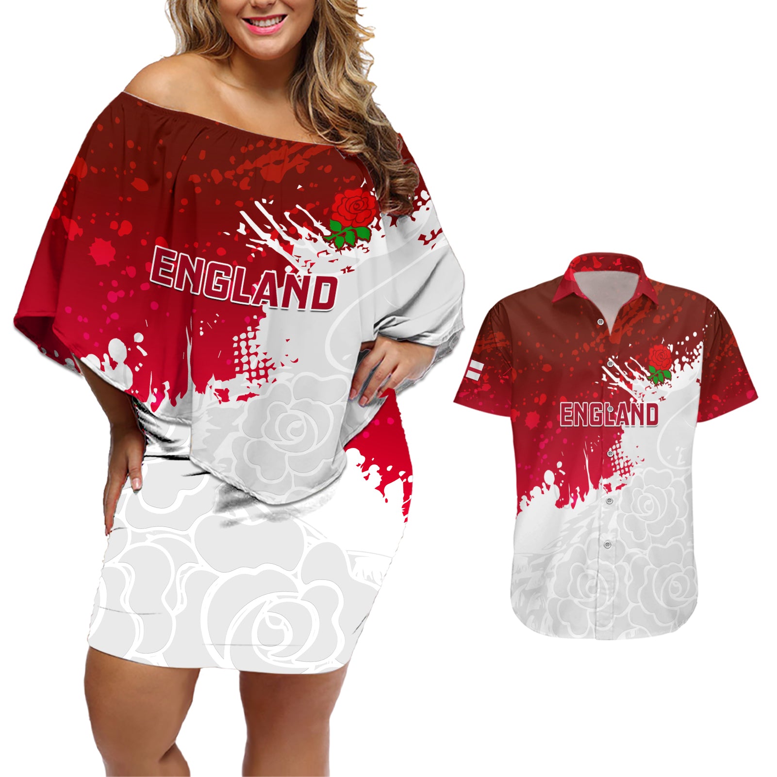 England Rugby Couples Matching Off Shoulder Short Dress and Hawaiian Shirt 2023 Go Champions World Cup Red Rose - Wonder Print Shop