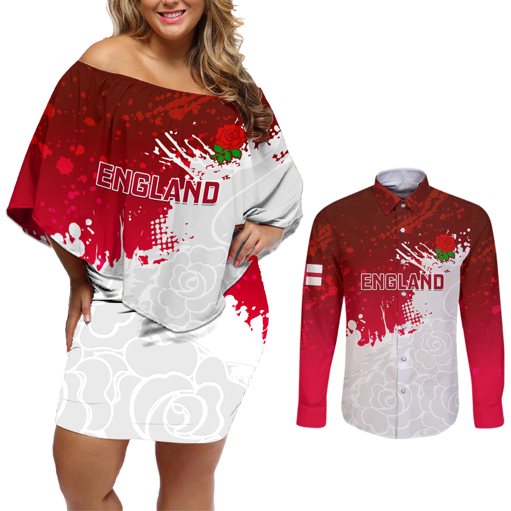 England Rugby Couples Matching Off Shoulder Short Dress and Long Sleeve Button Shirts 2023 Go Champions World Cup Red Rose - Wonder Print Shop