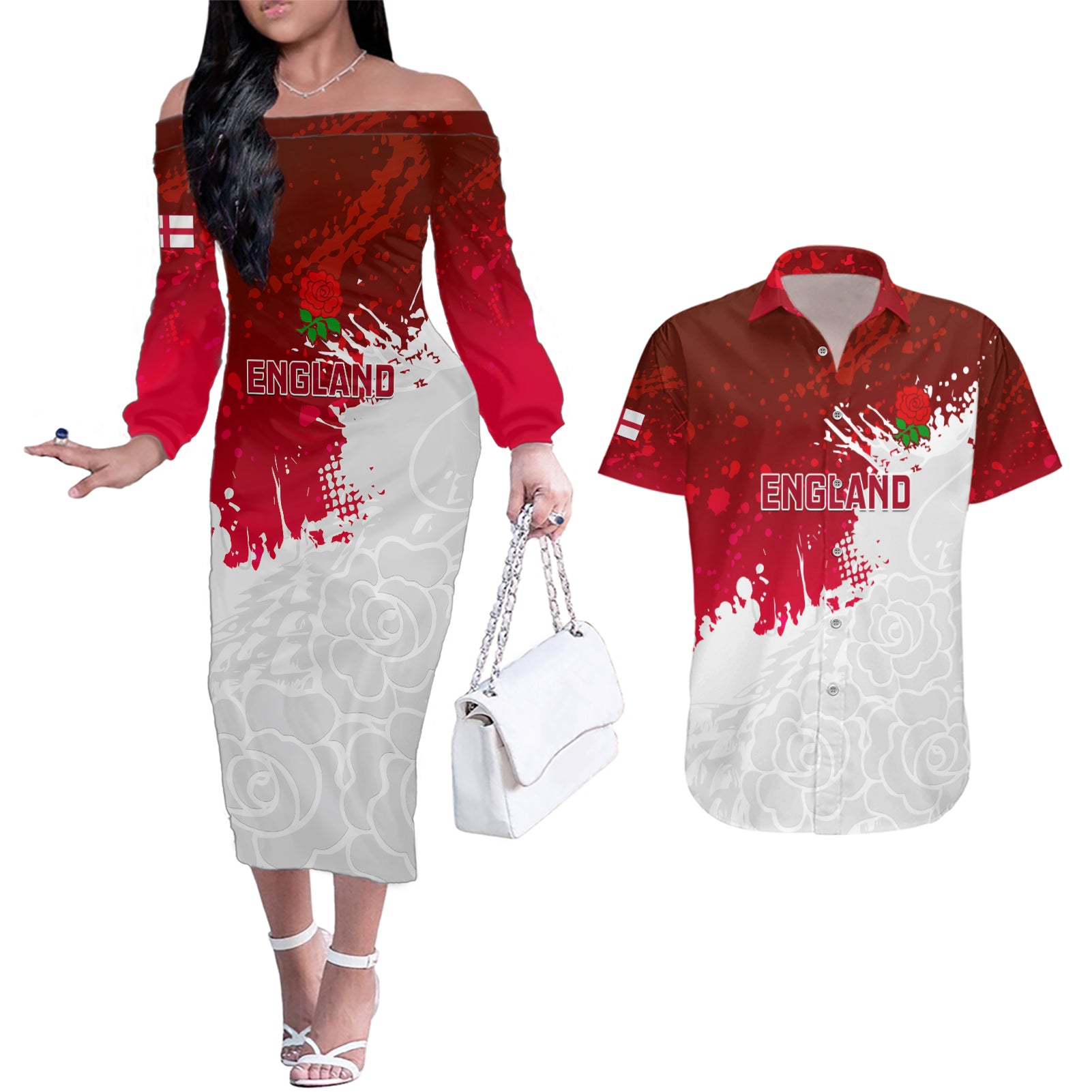 England Rugby Couples Matching Off The Shoulder Long Sleeve Dress and Hawaiian Shirt 2023 Go Champions World Cup Red Rose - Wonder Print Shop