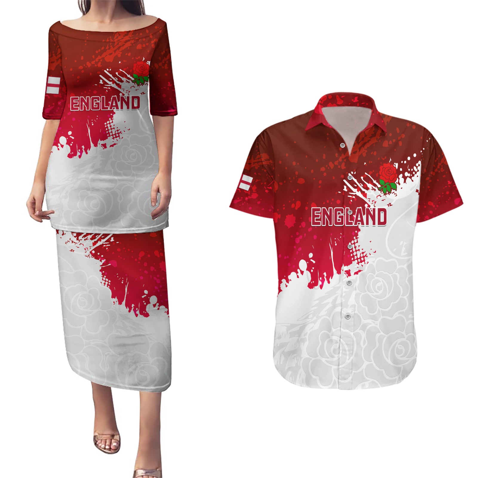 England Rugby Couples Matching Puletasi Dress and Hawaiian Shirt 2023 Go Champions World Cup Red Rose - Wonder Print Shop