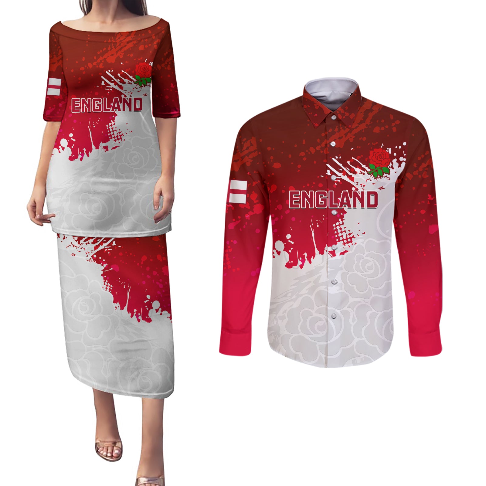 England Rugby Couples Matching Puletasi Dress and Long Sleeve Button Shirts 2023 Go Champions World Cup Red Rose - Wonder Print Shop