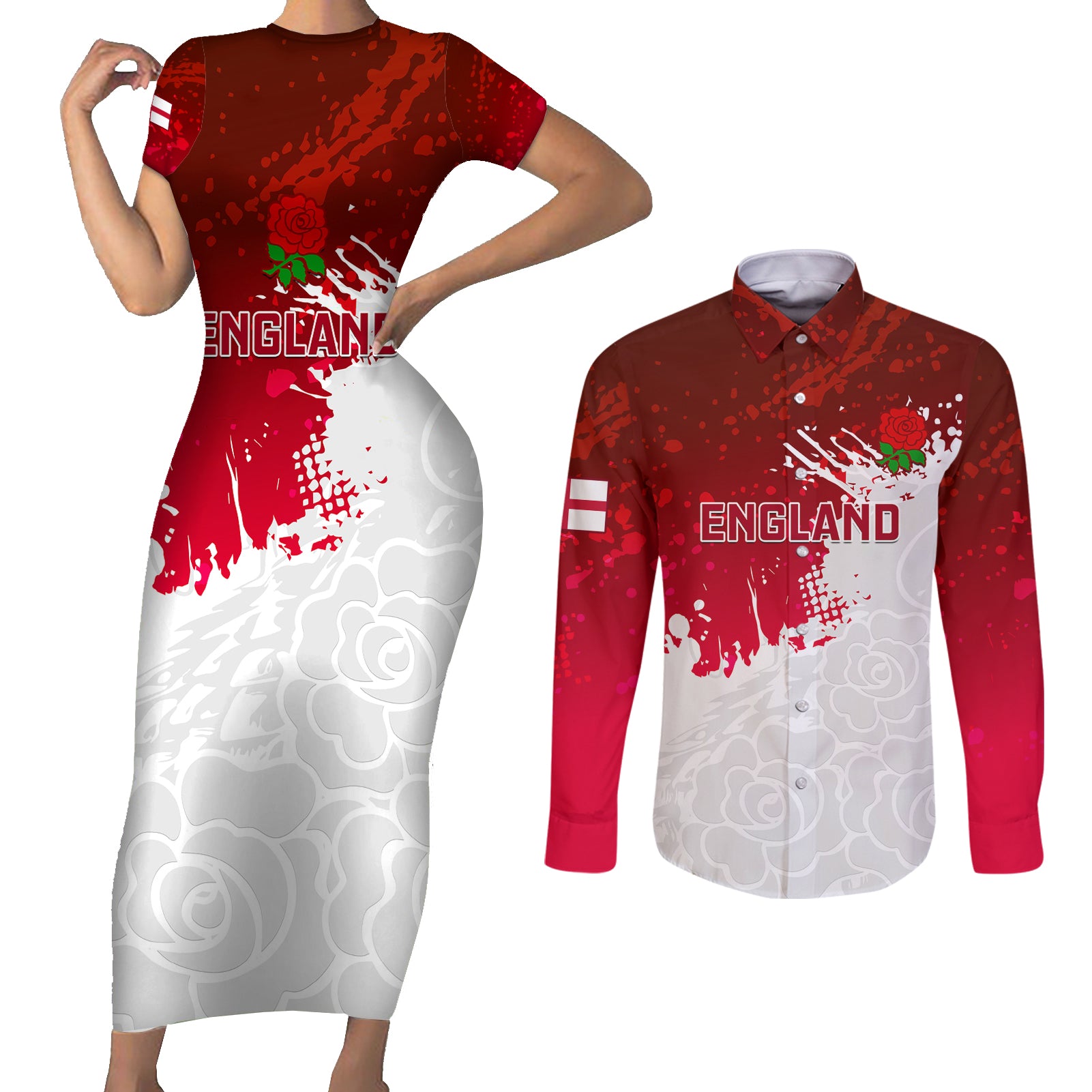 England Rugby Couples Matching Short Sleeve Bodycon Dress and Long Sleeve Button Shirts 2023 Go Champions World Cup Red Rose - Wonder Print Shop