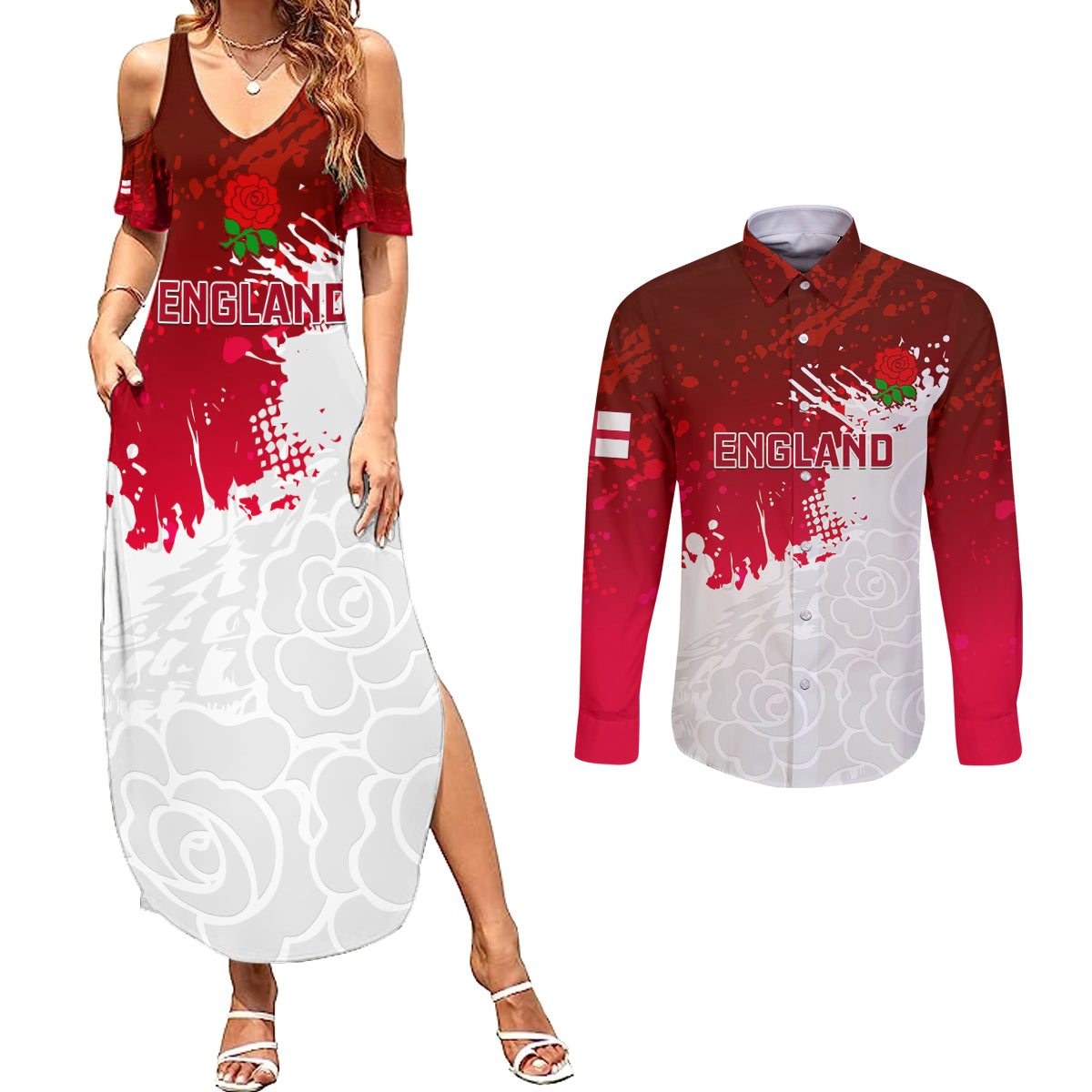 England Rugby Couples Matching Summer Maxi Dress and Long Sleeve Button Shirts 2023 Go Champions World Cup Red Rose - Wonder Print Shop