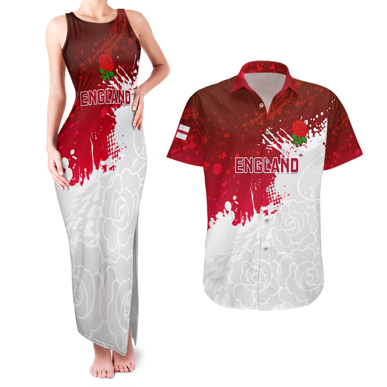 England Rugby Couples Matching Tank Maxi Dress and Hawaiian Shirt 2023 Go Champions World Cup Red Rose - Wonder Print Shop