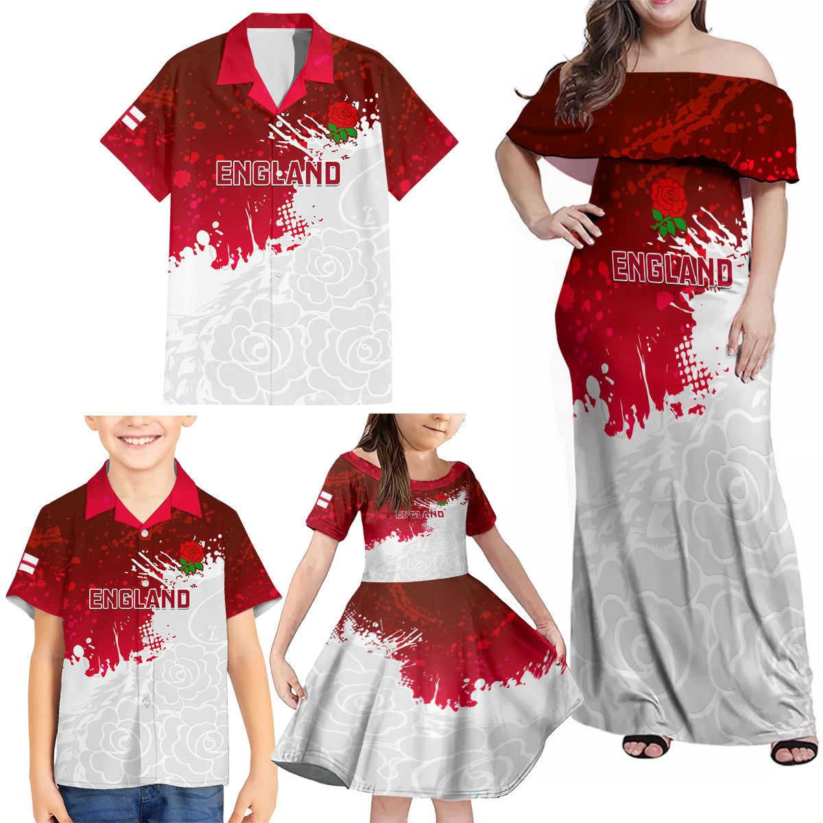 England Rugby Family Matching Off Shoulder Maxi Dress and Hawaiian Shirt 2023 Go Champions World Cup Red Rose - Wonder Print Shop