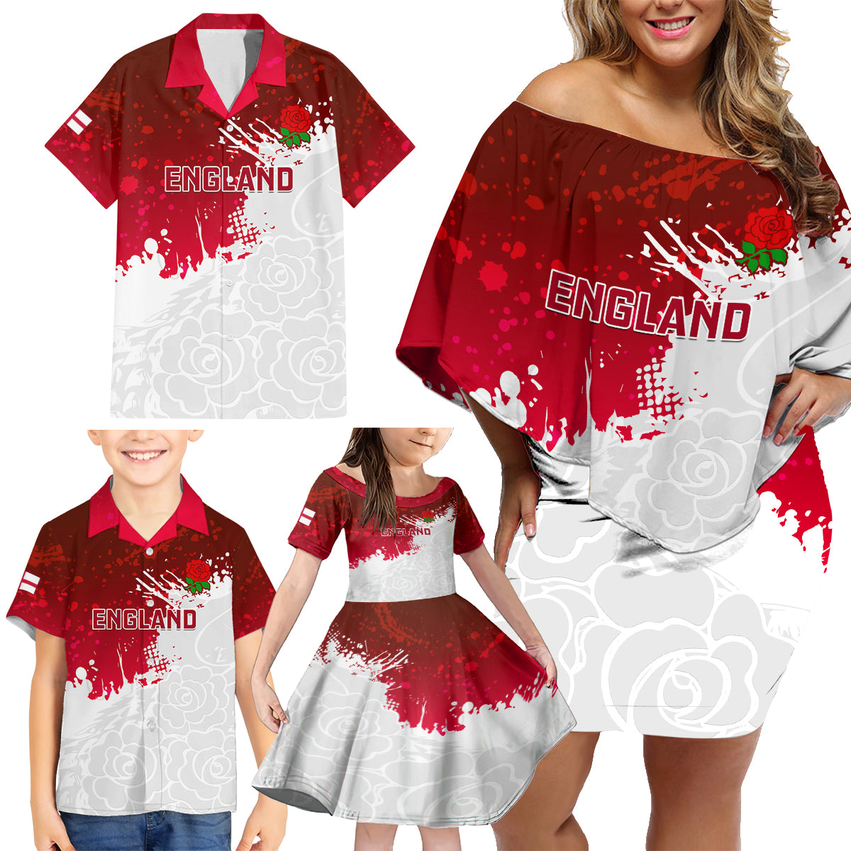 England Rugby Family Matching Off Shoulder Short Dress and Hawaiian Shirt 2023 Go Champions World Cup Red Rose - Wonder Print Shop