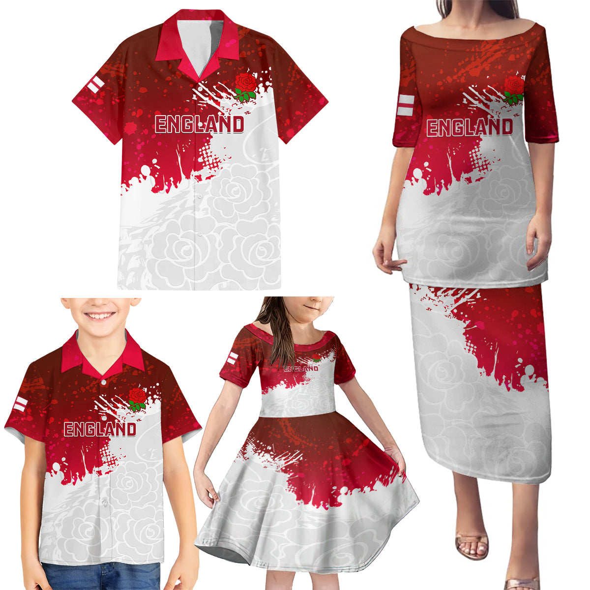 England Rugby Family Matching Puletasi Dress and Hawaiian Shirt 2023 Go Champions World Cup Red Rose - Wonder Print Shop