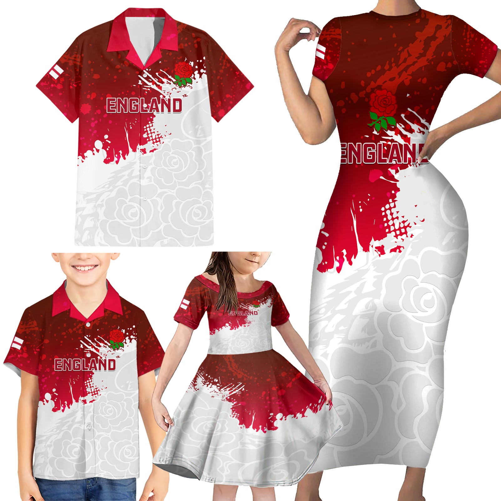 England Rugby Family Matching Short Sleeve Bodycon Dress and Hawaiian Shirt 2023 Go Champions World Cup Red Rose - Wonder Print Shop