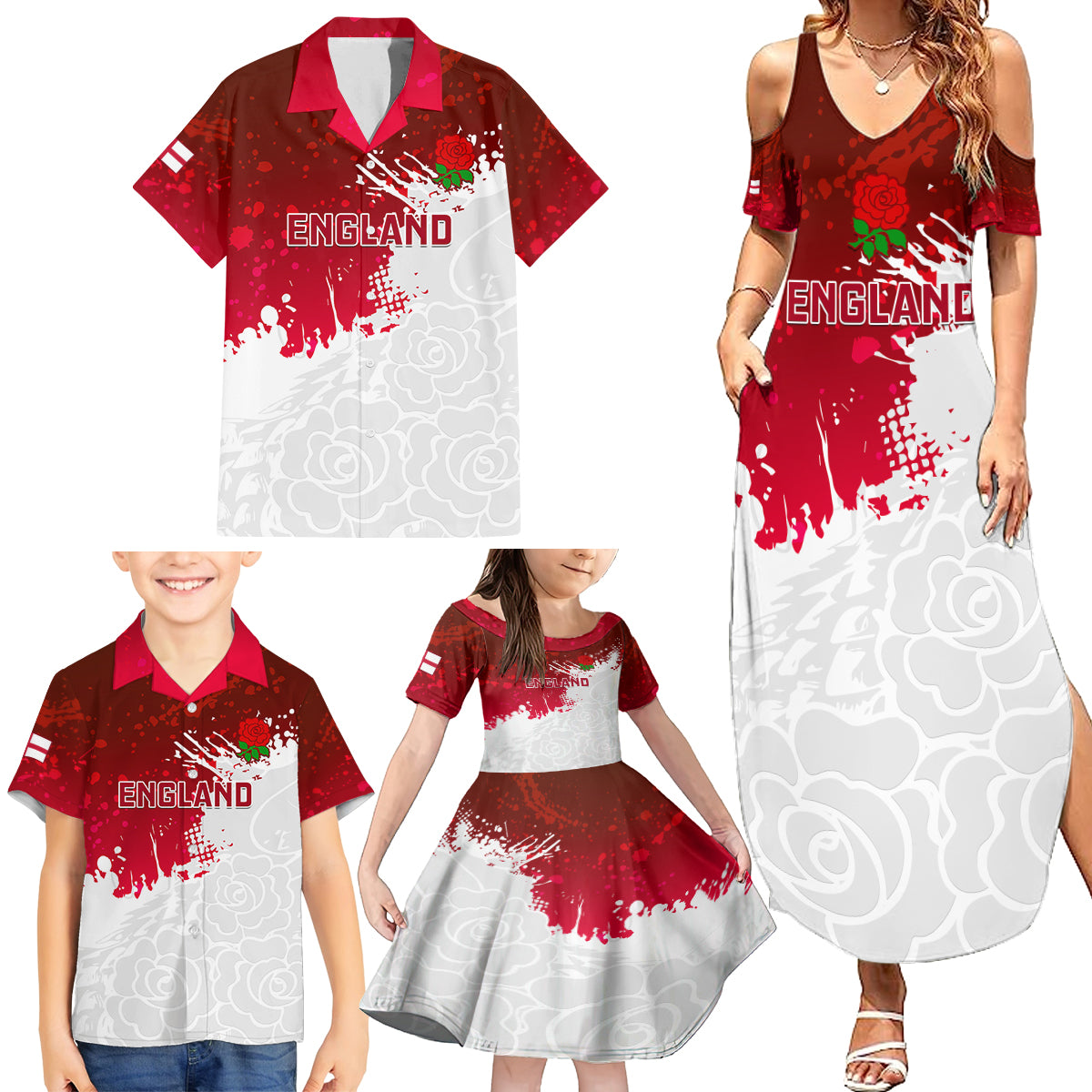 England Rugby Family Matching Summer Maxi Dress and Hawaiian Shirt 2023 Go Champions World Cup Red Rose - Wonder Print Shop