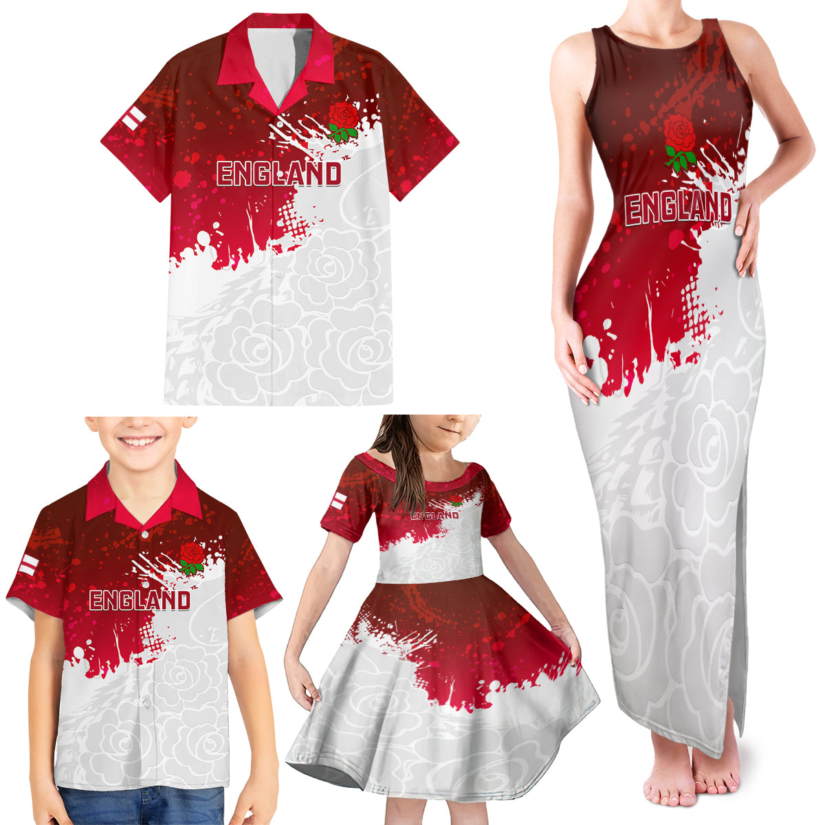 England Rugby Family Matching Tank Maxi Dress and Hawaiian Shirt 2023 Go Champions World Cup Red Rose - Wonder Print Shop