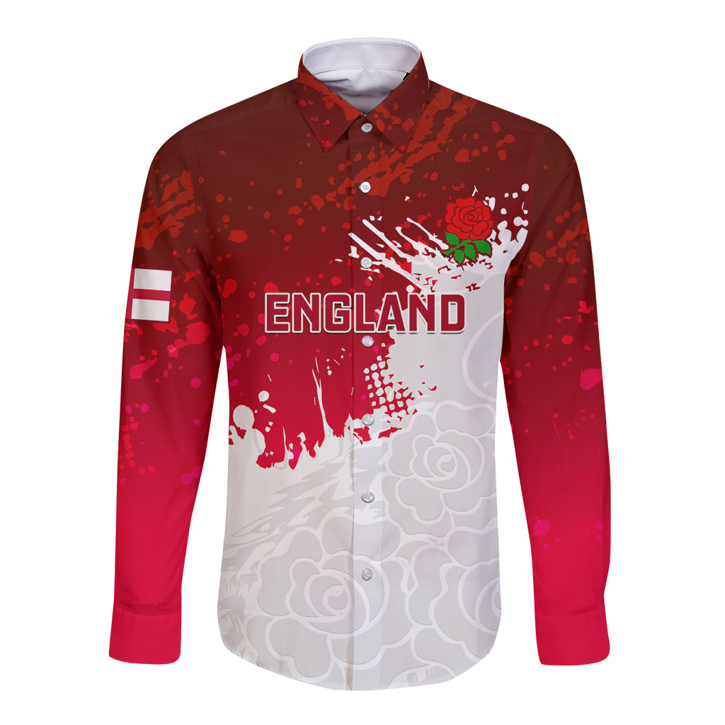 Red long-sleeve button rugby shirt with England front graphic and rose detail