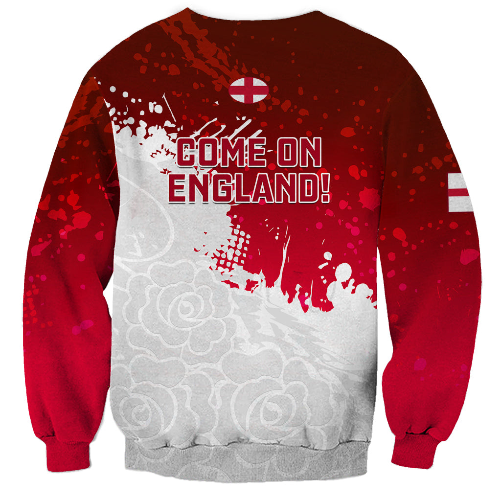 Red England rugby sweatshirt back with 'COME-ON ENGLAND!' white graphic, long sleeves