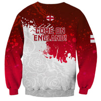 Red England rugby sweatshirt back with 'COME-ON ENGLAND!' white graphic, long sleeves