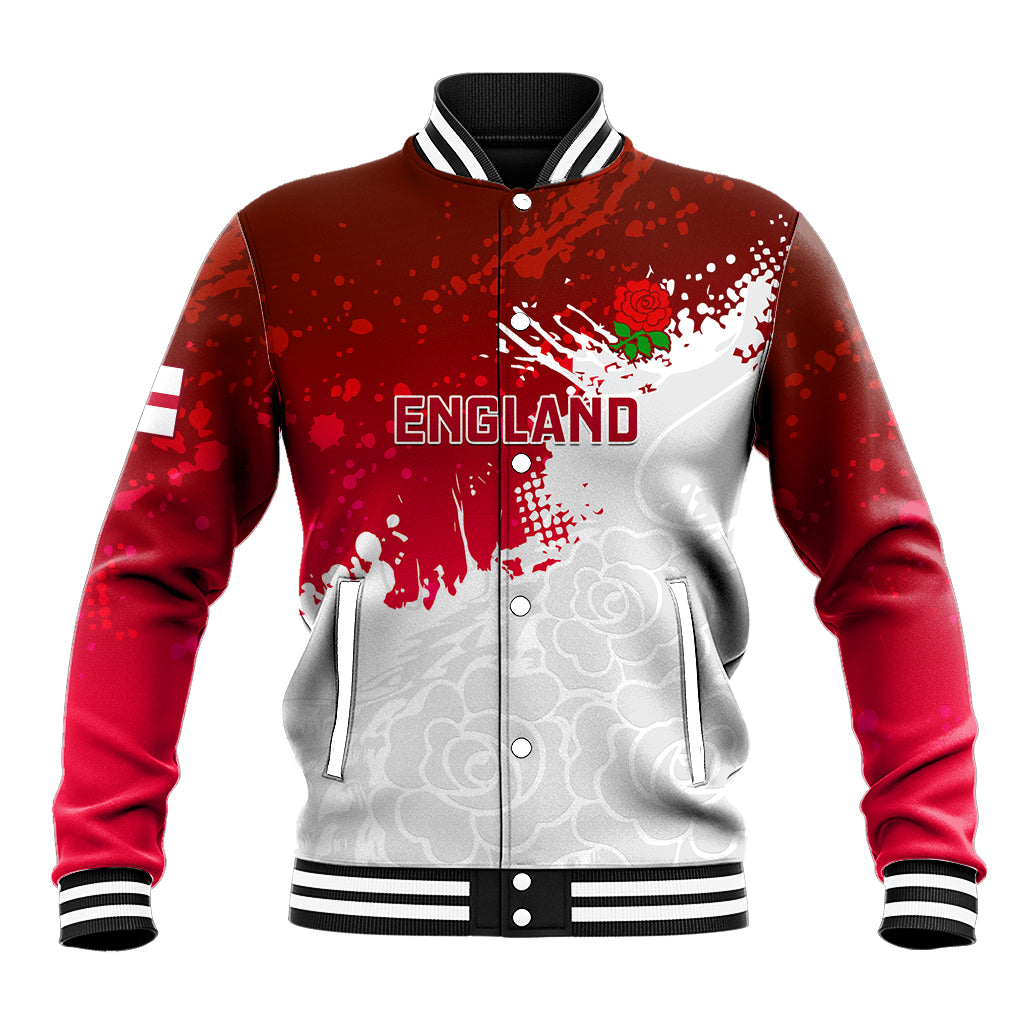 Red England rugby baseball jacket with button front, ribbed collar and graphics