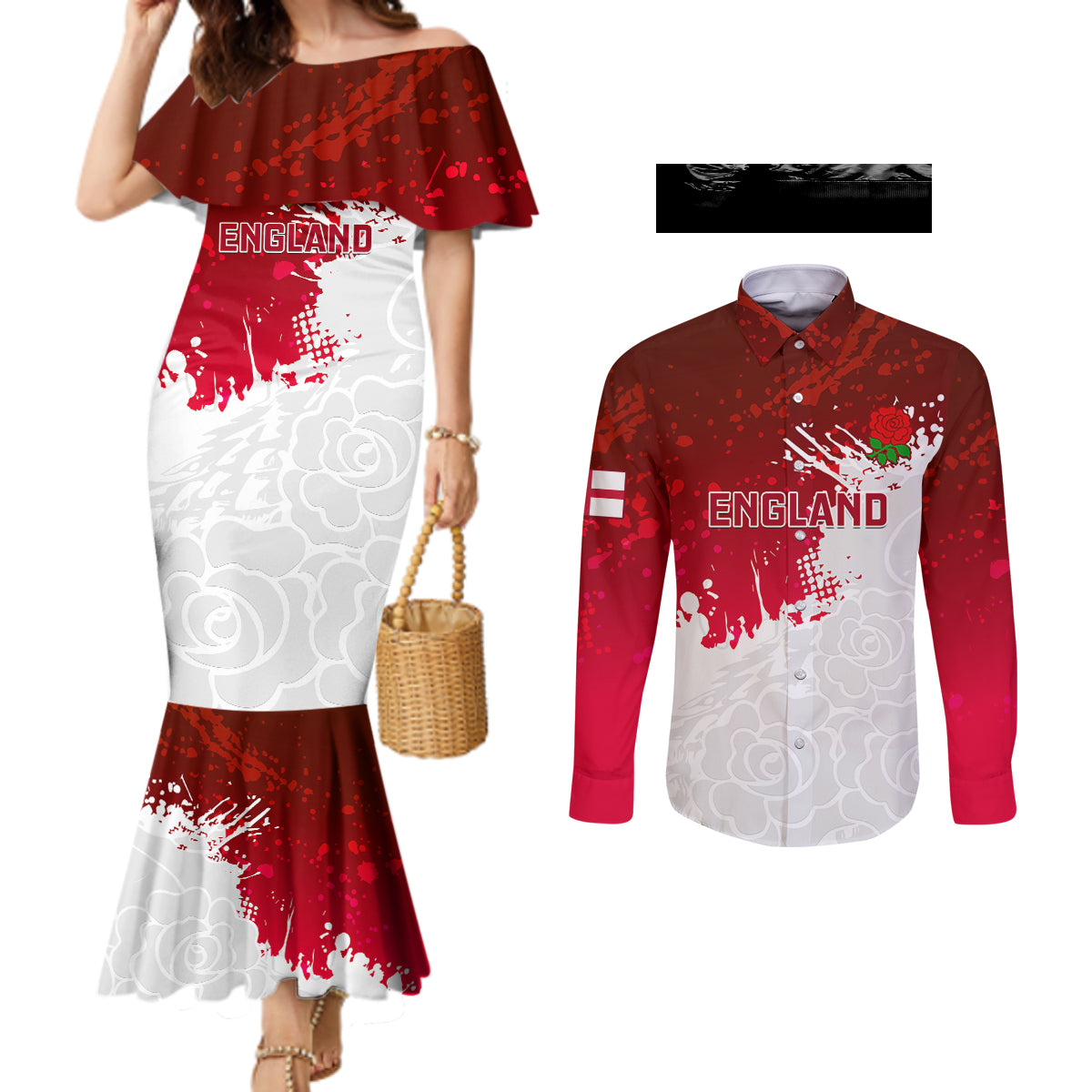 custom-england-rugby-couples-matching-mermaid-dress-and-long-sleeve-button-shirts-2023-go-champions-world-cup-red-rose