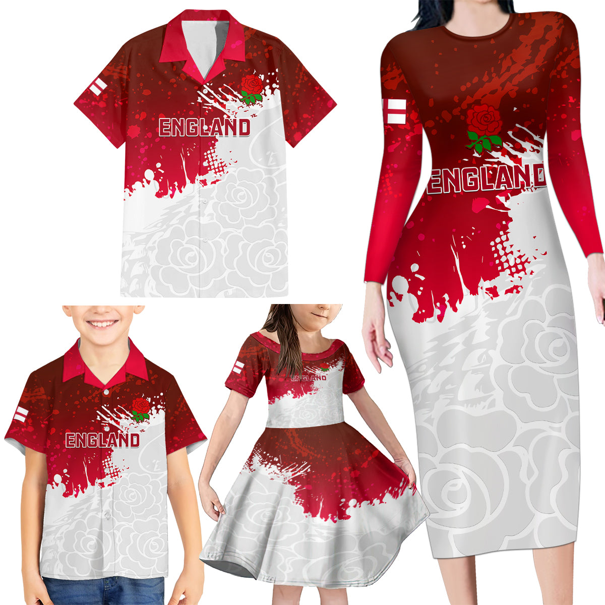 Custom England Rugby Family Matching Long Sleeve Bodycon Dress and Hawaiian Shirt 2023 Go Champions World Cup Red Rose - Wonder Print Shop