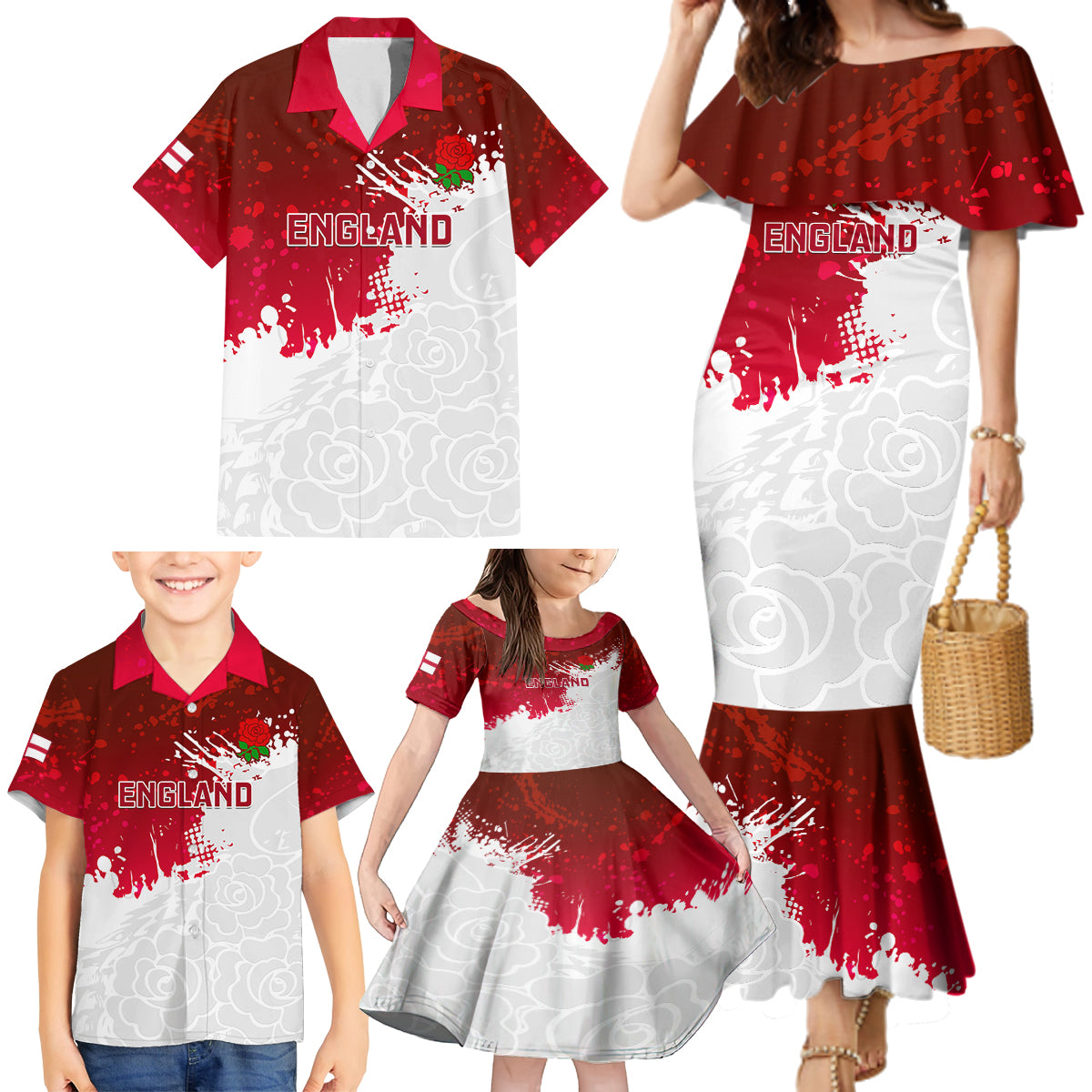 Custom England Rugby Family Matching Mermaid Dress and Hawaiian Shirt 2023 Go Champions World Cup Red Rose - Wonder Print Shop