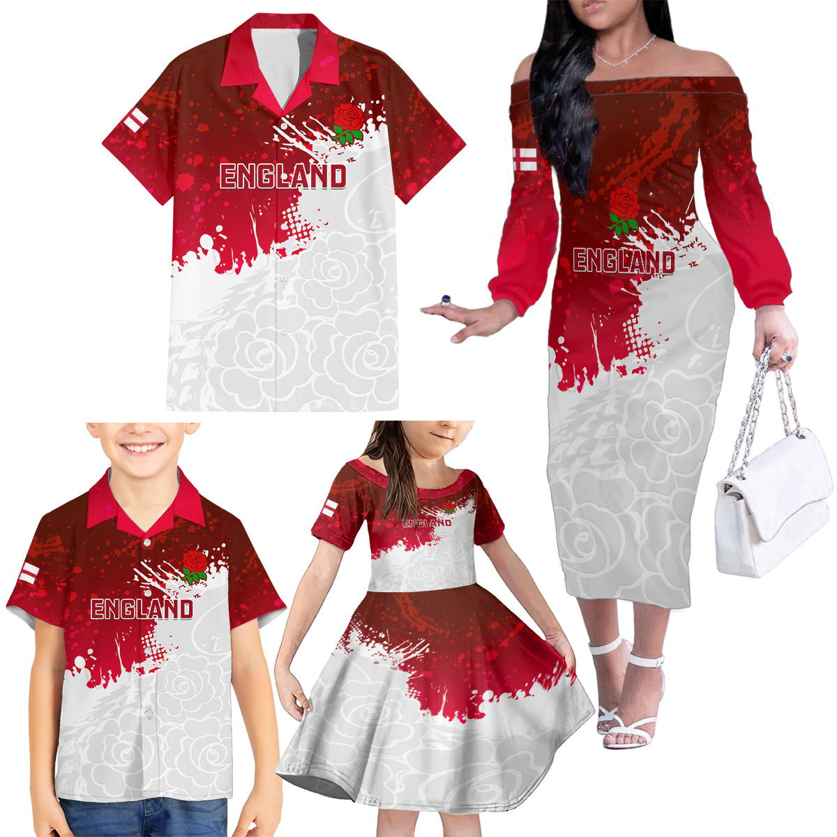 Custom England Rugby Family Matching Off Shoulder Long Sleeve Dress and Hawaiian Shirt 2023 Go Champions World Cup Red Rose - Wonder Print Shop