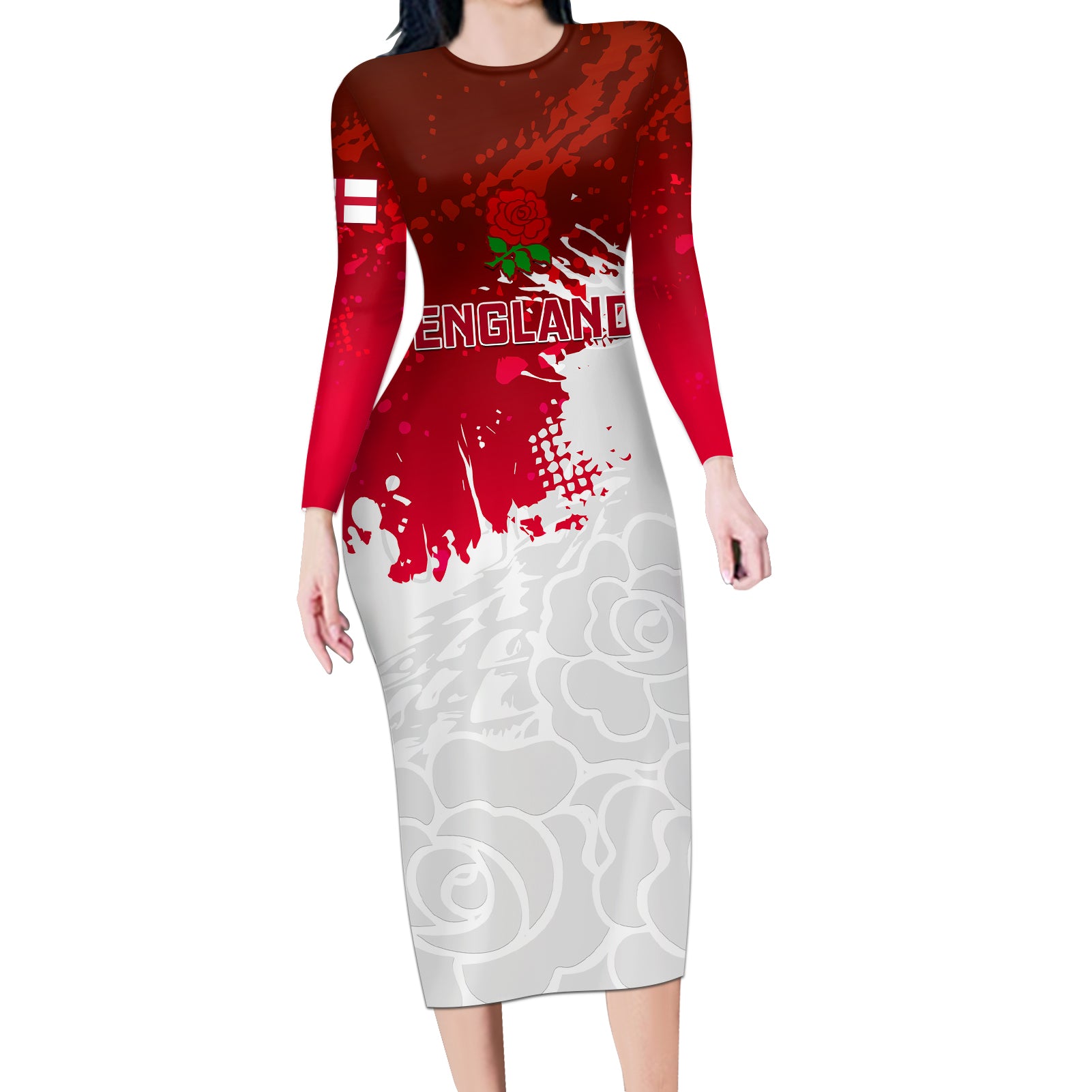 Custom England Rugby Long Sleeve Bodycon Dress 2023 Go Champions World Cup Red Rose - Wonder Print Shop