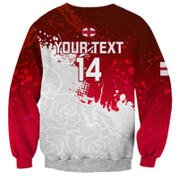 Red and white custom rugby sweatshirt back with YOUR TEXT 14, long sleeves, crew neck
