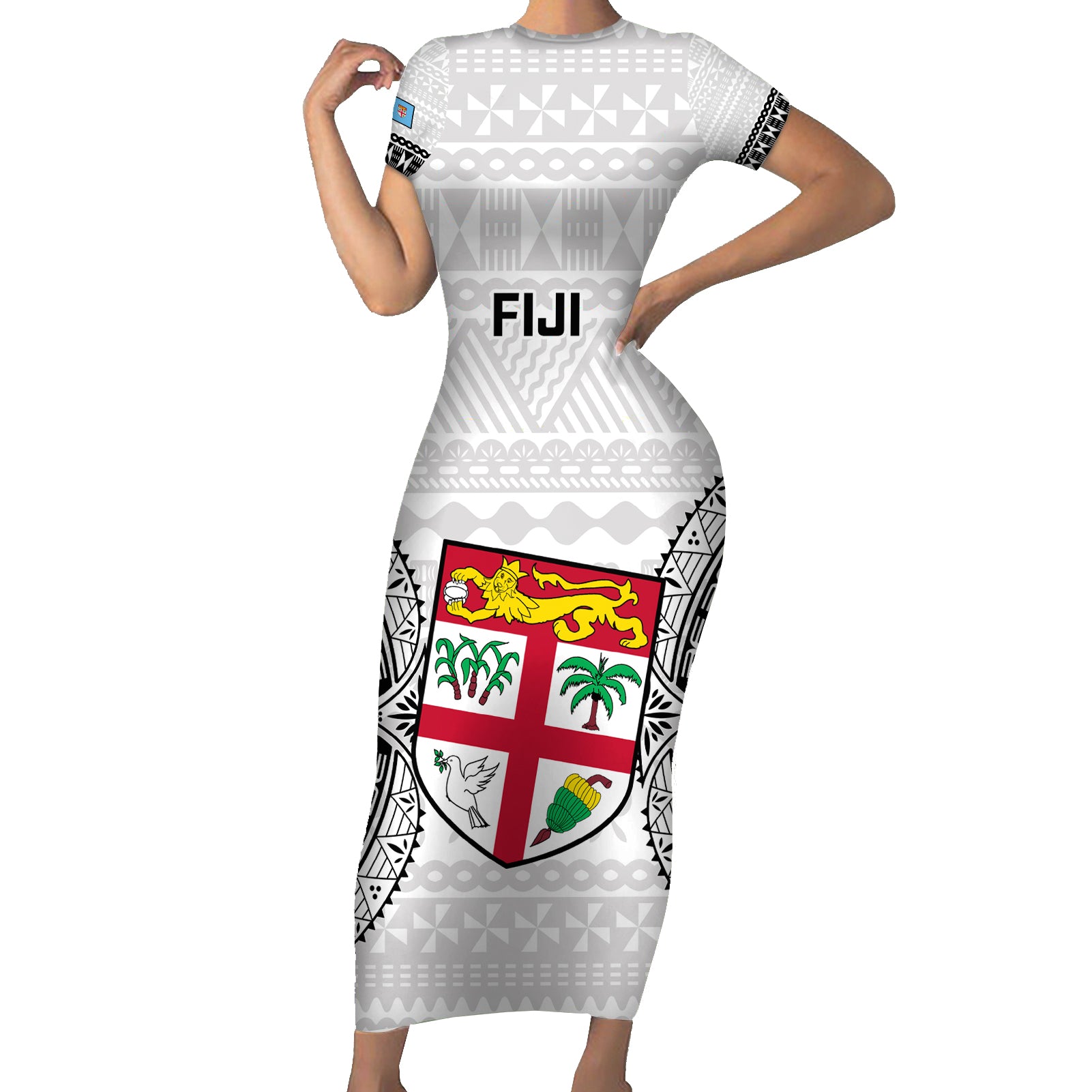 Fiji Rugby Short Sleeve Bodycon Dress 2023 Go Champions World Cup Fijian Tapa Pattern - Wonder Print Shop