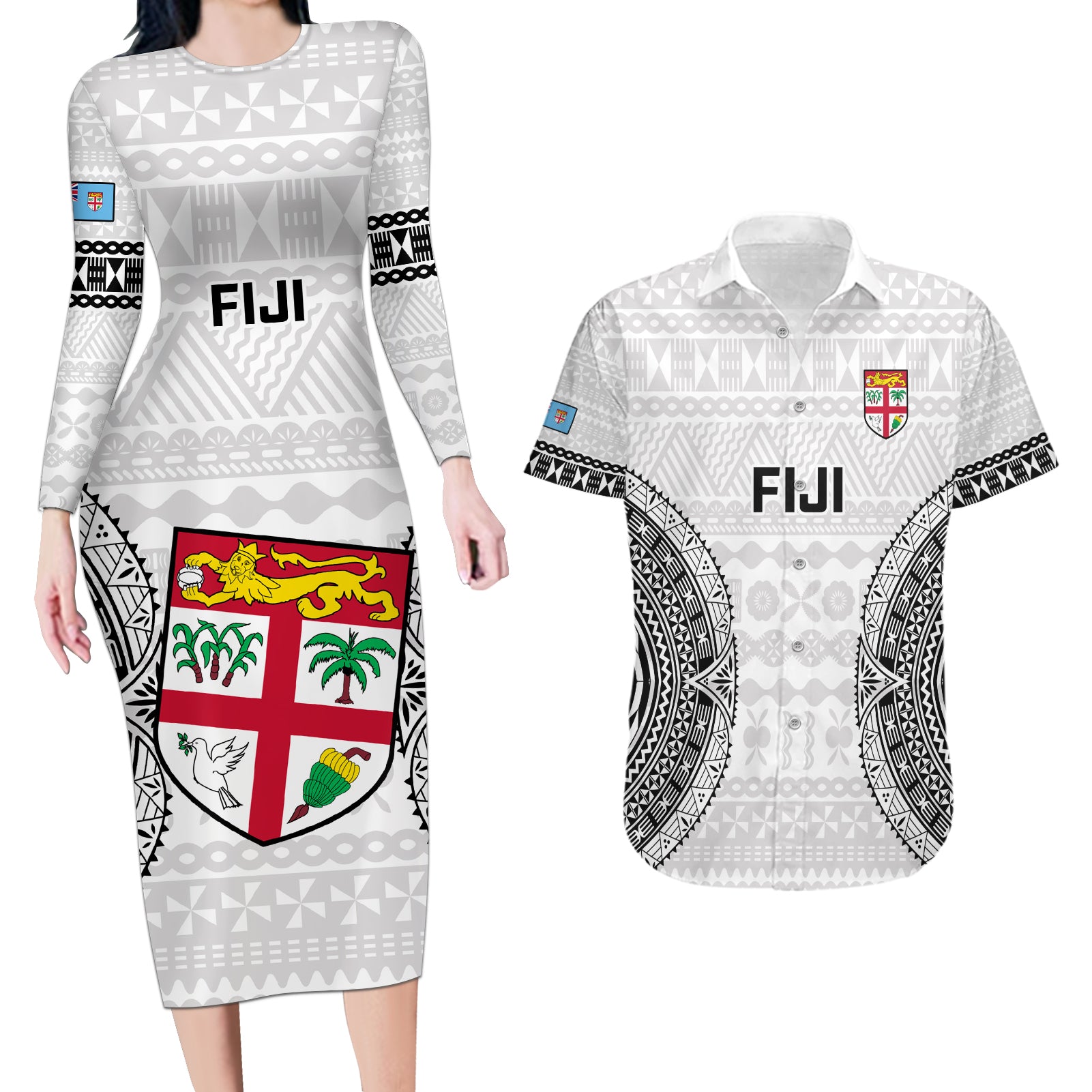 Custom Fiji Rugby Couples Matching Long Sleeve Bodycon Dress and Hawaiian Shirt 2023 Go Champions World Cup Fijian Tapa Pattern - Wonder Print Shop