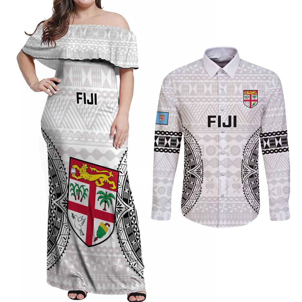 Custom Fiji Rugby Couples Matching Off Shoulder Maxi Dress and Long Sleeve Button Shirts 2023 Go Champions World Cup Fijian Tapa Pattern - Wonder Print Shop