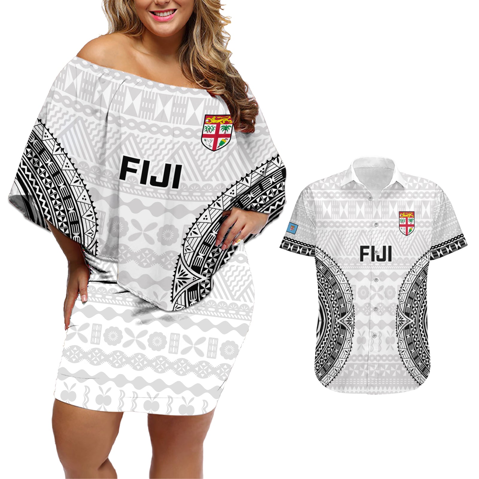 Custom Fiji Rugby Couples Matching Off Shoulder Short Dress and Hawaiian Shirt 2023 Go Champions World Cup Fijian Tapa Pattern - Wonder Print Shop