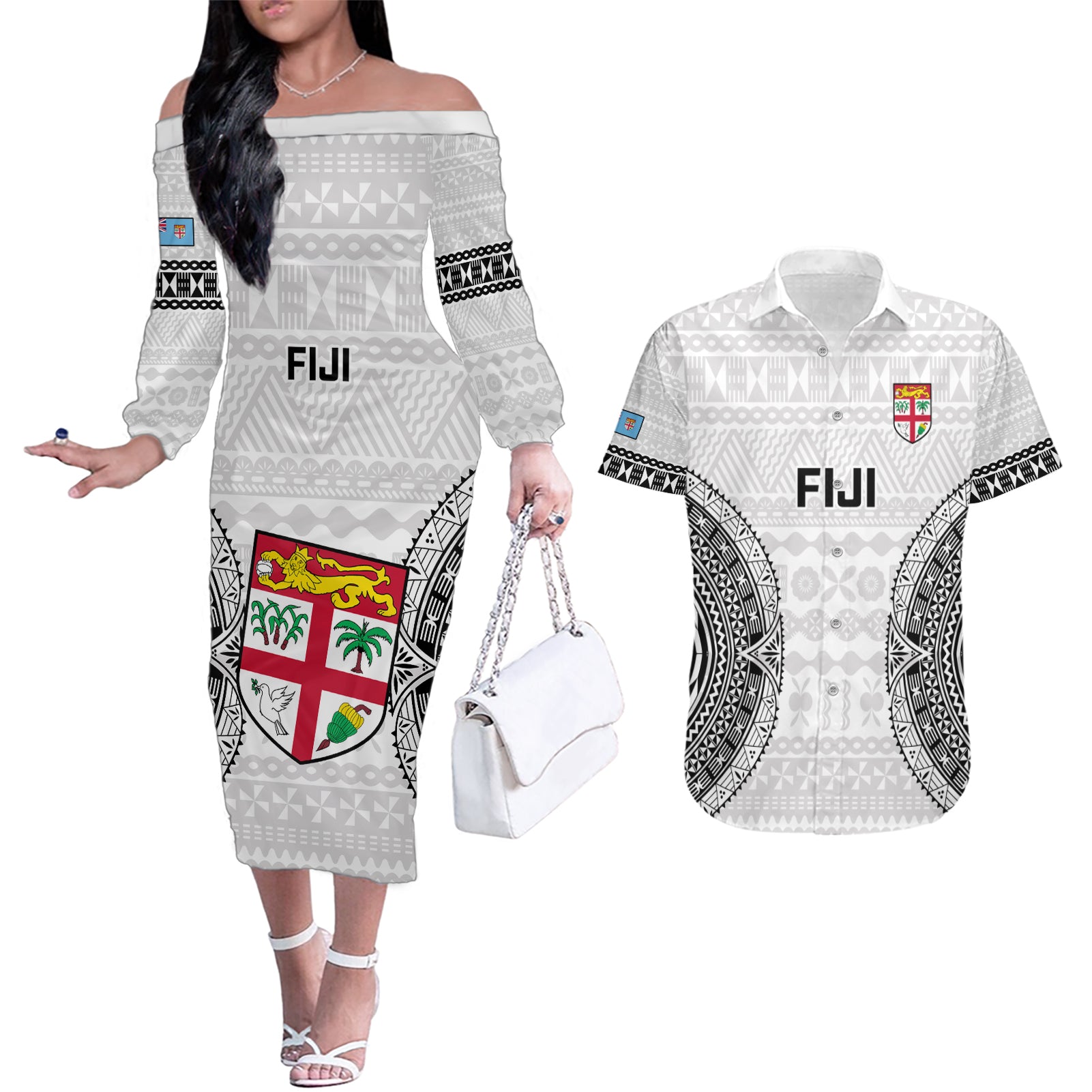 Custom Fiji Rugby Couples Matching Off The Shoulder Long Sleeve Dress and Hawaiian Shirt 2023 Go Champions World Cup Fijian Tapa Pattern - Wonder Print Shop