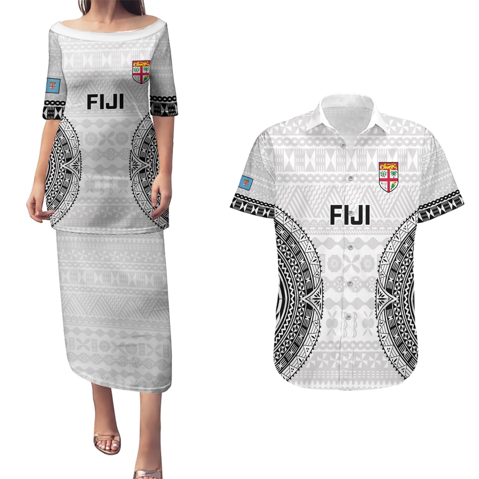 Custom Fiji Rugby Couples Matching Puletasi Dress and Hawaiian Shirt 2023 Go Champions World Cup Fijian Tapa Pattern - Wonder Print Shop