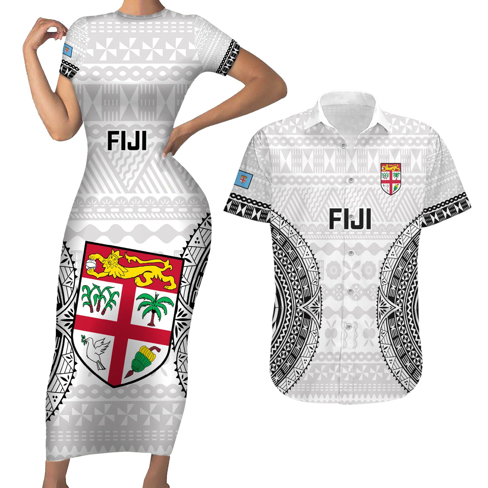 Custom Fiji Rugby Couples Matching Short Sleeve Bodycon Dress and Hawaiian Shirt 2023 Go Champions World Cup Fijian Tapa Pattern - Wonder Print Shop