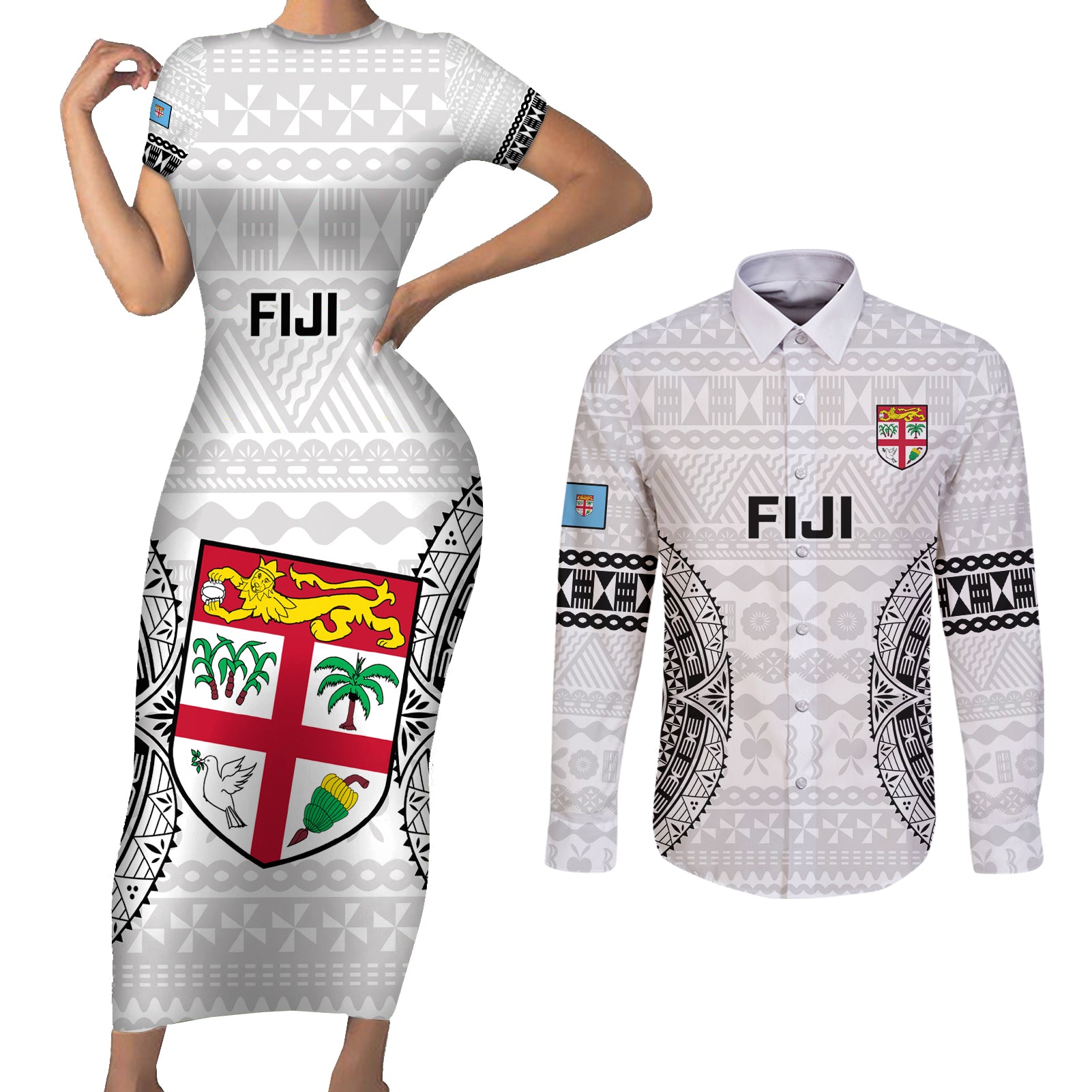 Custom Fiji Rugby Couples Matching Short Sleeve Bodycon Dress and Long Sleeve Button Shirts 2023 Go Champions World Cup Fijian Tapa Pattern - Wonder Print Shop