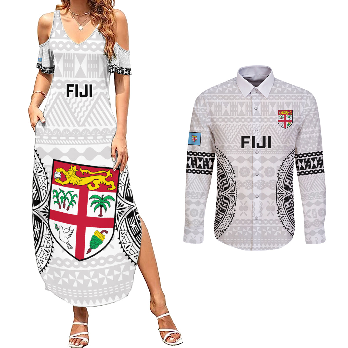 Custom Fiji Rugby Couples Matching Summer Maxi Dress and Long Sleeve Button Shirts 2023 Go Champions World Cup Fijian Tapa Pattern - Wonder Print Shop