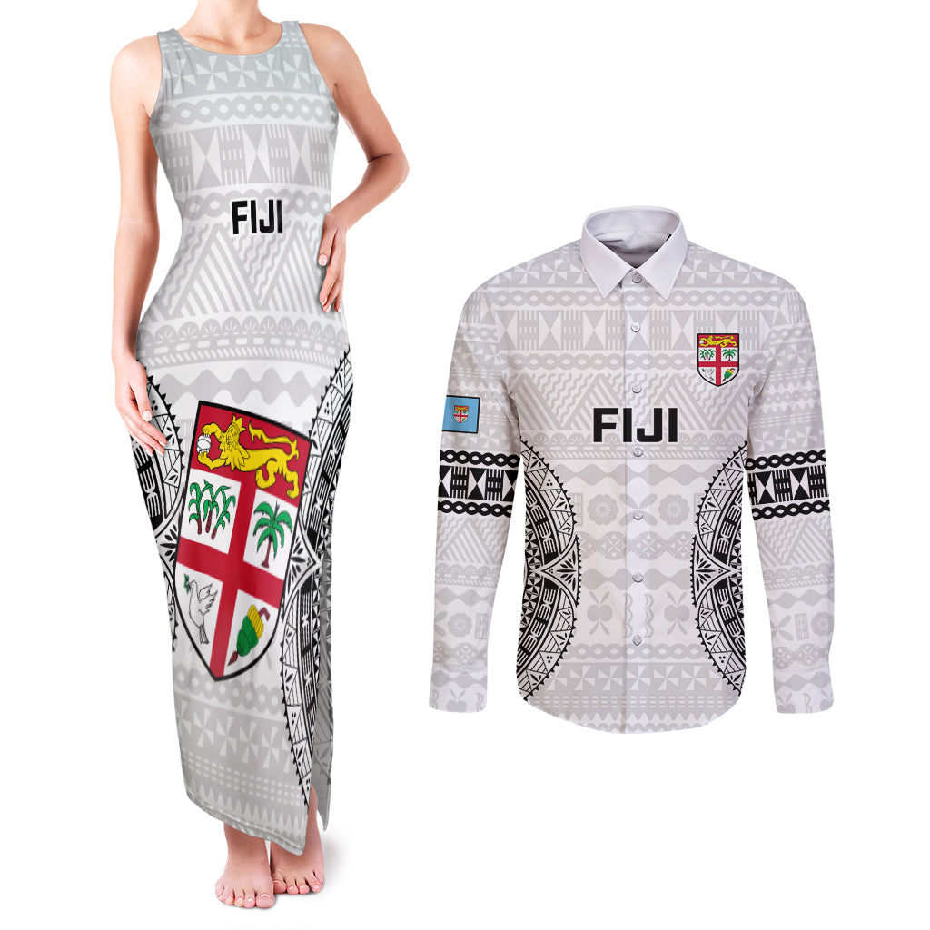 Custom Fiji Rugby Couples Matching Tank Maxi Dress and Long Sleeve Button Shirts 2023 Go Champions World Cup Fijian Tapa Pattern - Wonder Print Shop