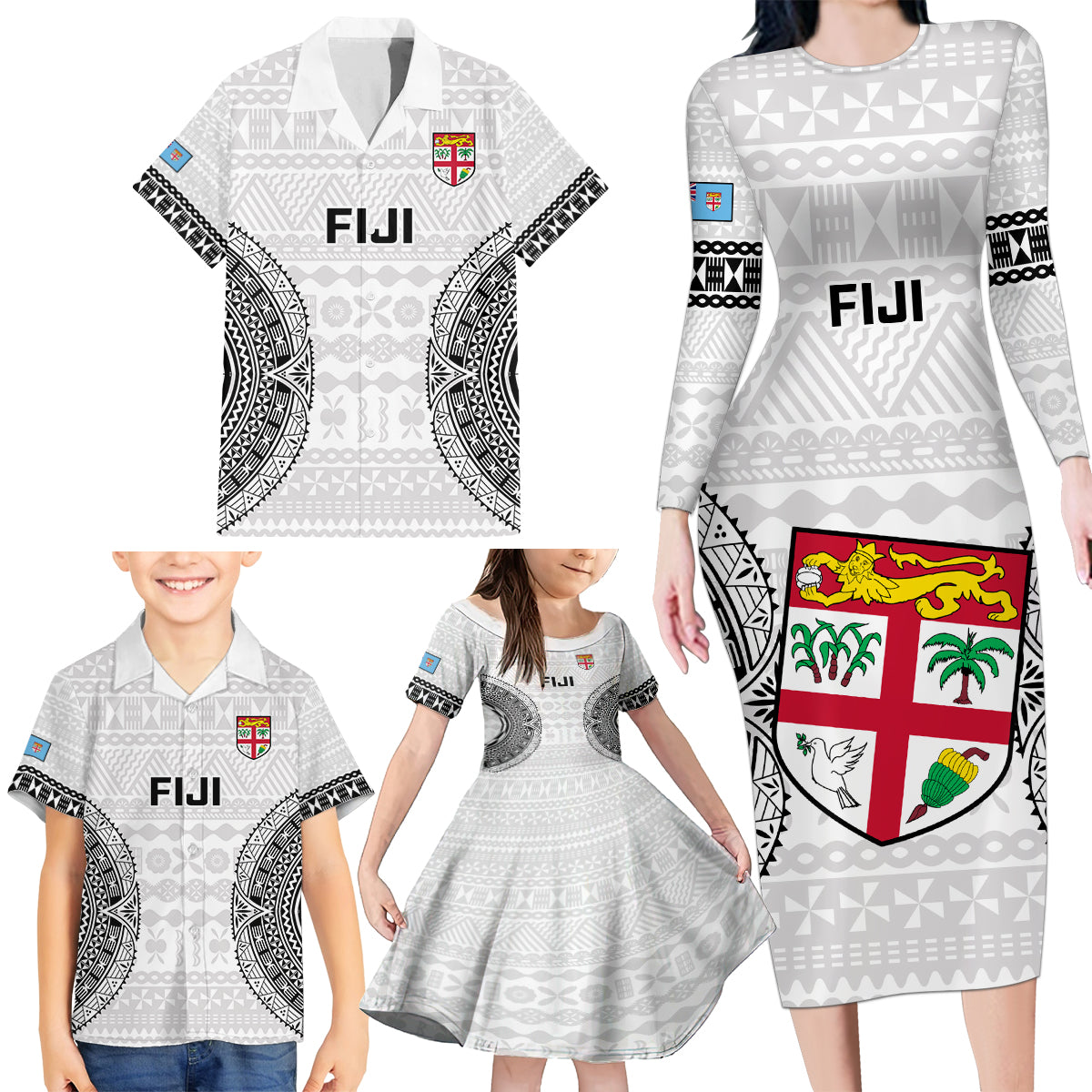 Custom Fiji Rugby Family Matching Long Sleeve Bodycon Dress and Hawaiian Shirt 2023 Go Champions World Cup Fijian Tapa Pattern - Wonder Print Shop