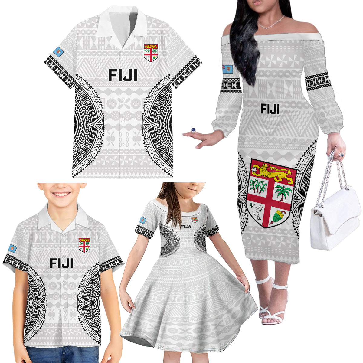 Custom Fiji Rugby Family Matching Off Shoulder Long Sleeve Dress and Hawaiian Shirt 2023 Go Champions World Cup Fijian Tapa Pattern - Wonder Print Shop