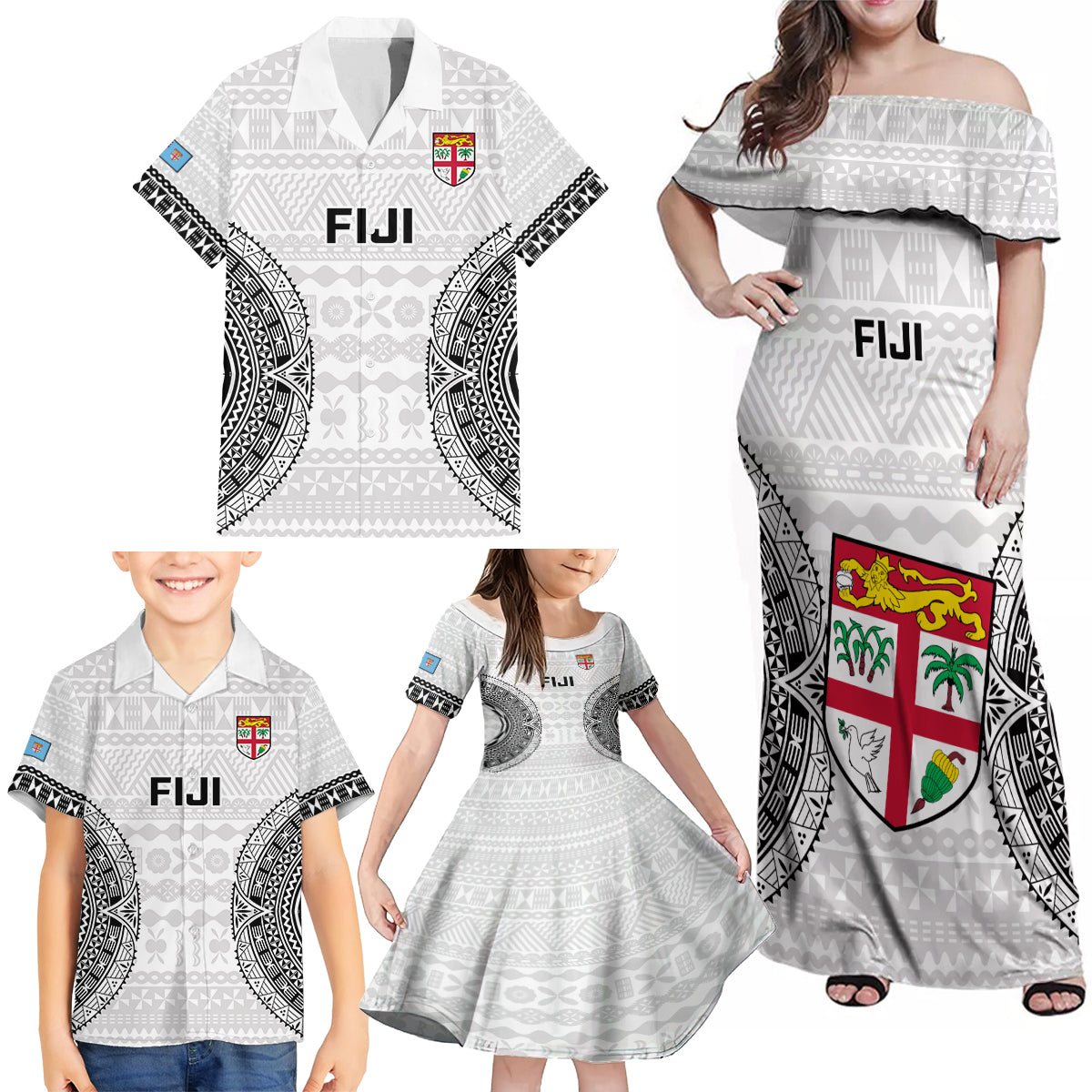 Custom Fiji Rugby Family Matching Off Shoulder Maxi Dress and Hawaiian Shirt 2023 Go Champions World Cup Fijian Tapa Pattern - Wonder Print Shop