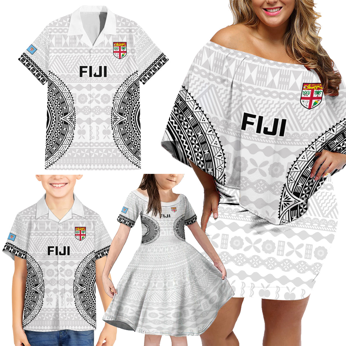 Custom Fiji Rugby Family Matching Off Shoulder Short Dress and Hawaiian Shirt 2023 Go Champions World Cup Fijian Tapa Pattern - Wonder Print Shop