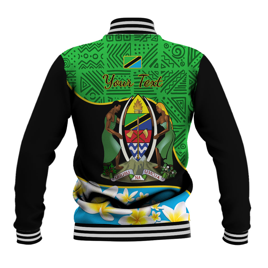 Green baseball jacket, striped back collar and cuffs, African crest and floral hem design