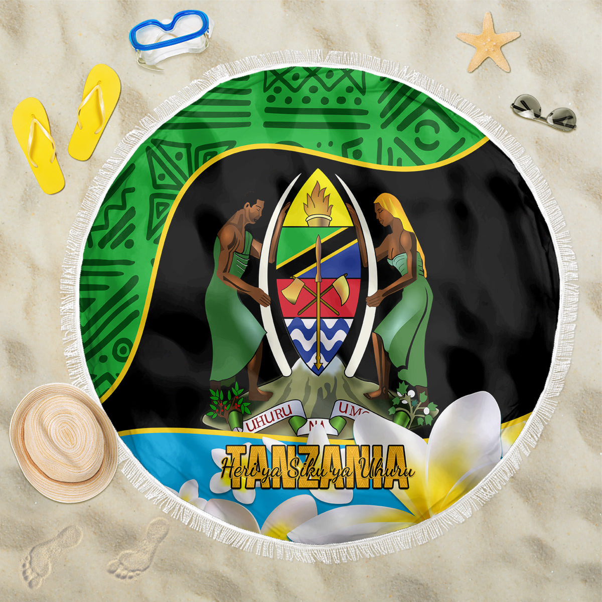Round beach blanket: green/black crest with people, yellow lettering, and white fringe edge.