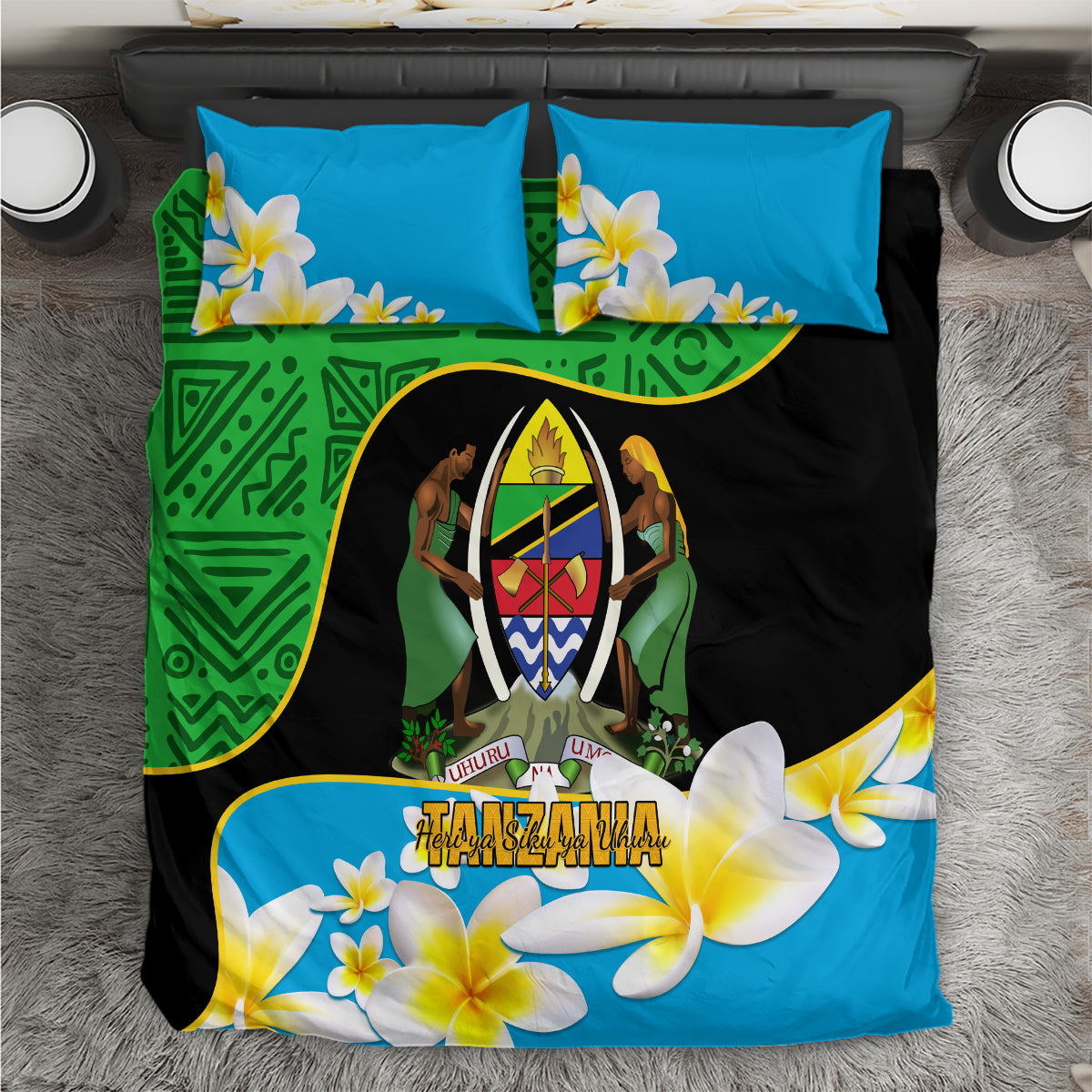 Personalized Tanzania independence day bedding set with blue, black, green floral emblem
