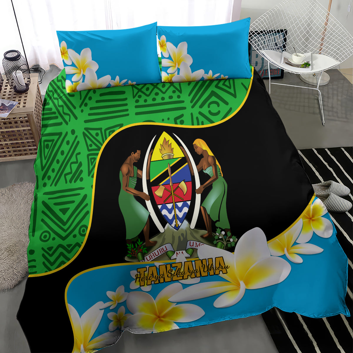 Personalized Tanzania independence day bedding set with blue plumeria flowers and green pattern