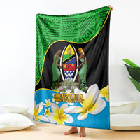 Personalized green, black, and blue patterned Tanzania independence day blanket with emblem and flowers