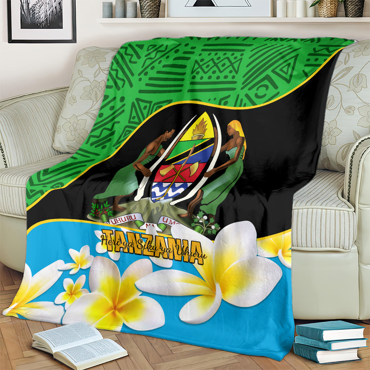 Green and black Tanzania independence day blanket with crest emblem and large white flowers