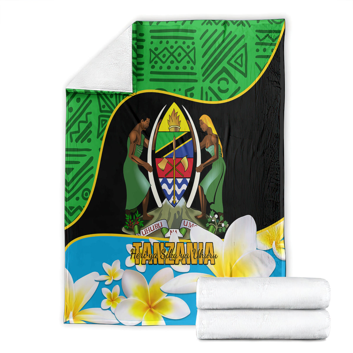 Rolled green, black, and blue Tanzania independence day blanket with emblem and white flowers