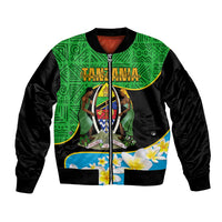 Unisex bomber jacket with green African pattern, black sleeves, front zip, ribbed cuffs