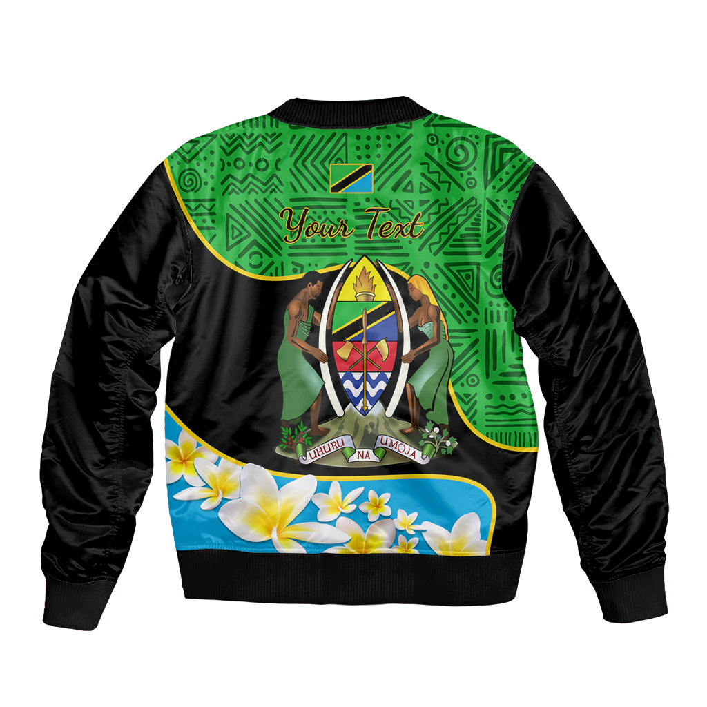 Unisex bomber jacket back with green African pattern, shield emblem, flowers, ribbed collar