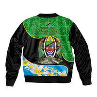 Unisex bomber jacket back with green African pattern, shield emblem, flowers, ribbed collar