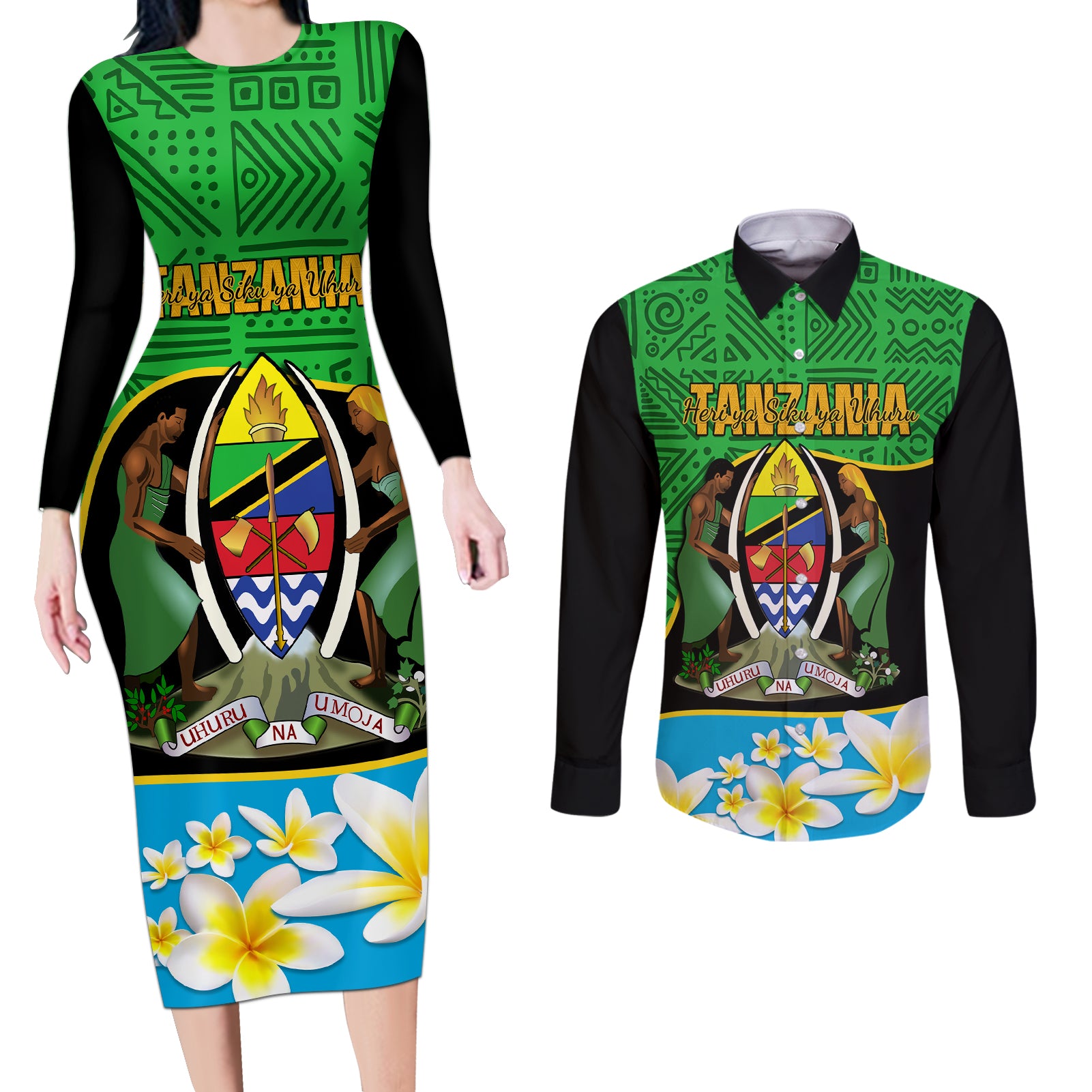 Personalised Tanzania Independence Day Couples Matching Long Sleeve Bodycon Dress and Long Sleeve Button Shirt Heri ya Siku ya Uhuru African Pattern - Wonder Print Shop